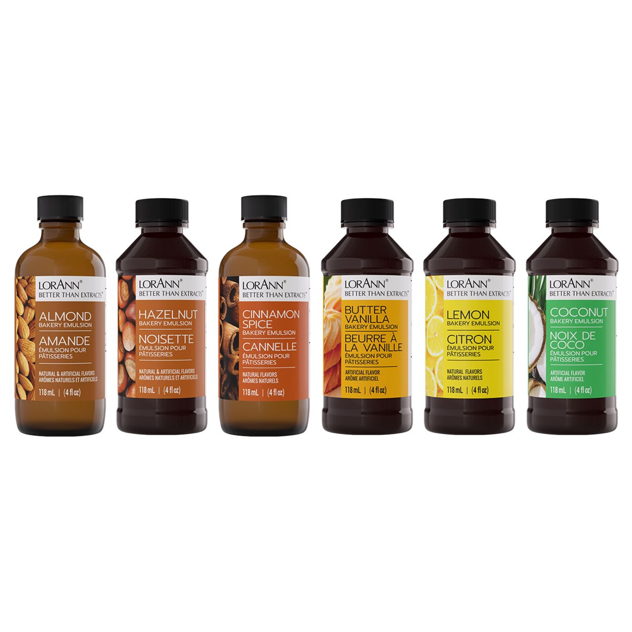 LorAnn Oils Bakery Emulsion Baker's Choice Variety Pack - Almond, Cinnamon Spice, Hazelnut, Butter Vanilla, Lemon and Coconut - 4 ounce bottles